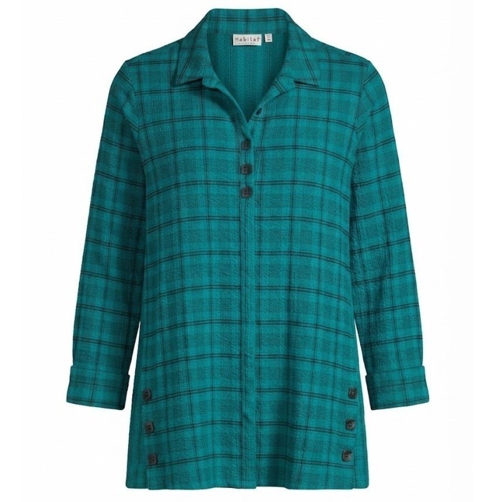 Habitat Green Plaid Textured Tunic Top XL Hidden Button Side Detail NOTES - CJ